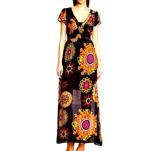 Desigual Andez Plunge Neck Short Sleeve Maxi Dress Black Multi size 36 (XSmall)